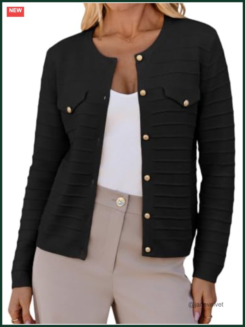 Womens Textured Knit Cardigan Gold Button Crewneck Lightweight Sweater